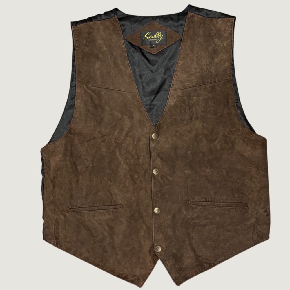 VTG Scully Mens Brown Suede Leather Western Vest Satin Cinch Back XL Cowboy Moto